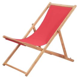 Folding Beach Chair Fabric and Wooden Frame Red (Color: Red)