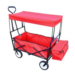 Collapsible Wagon Folding Cart with Canopy Beach Garden Outdoor Sport Utility Cart Wheels Adjustable Handle Rear Storage (Color: Red)